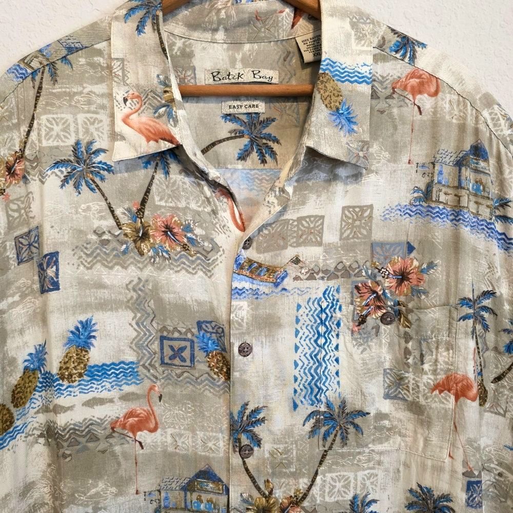 Batik Bay Hawaiian Camp Shirt Flamingos Beach Button Up Tropical Resort Mens XXL